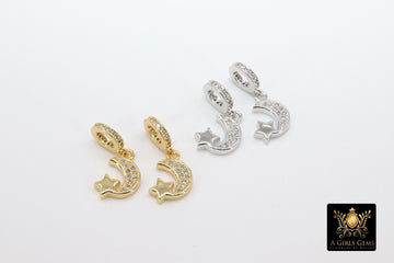 CZ Gold Moon Charm with Rings, 2 Pc Silver Star Slide Spacer Circle Silver #2617, Rose Large Big Hole Dangle